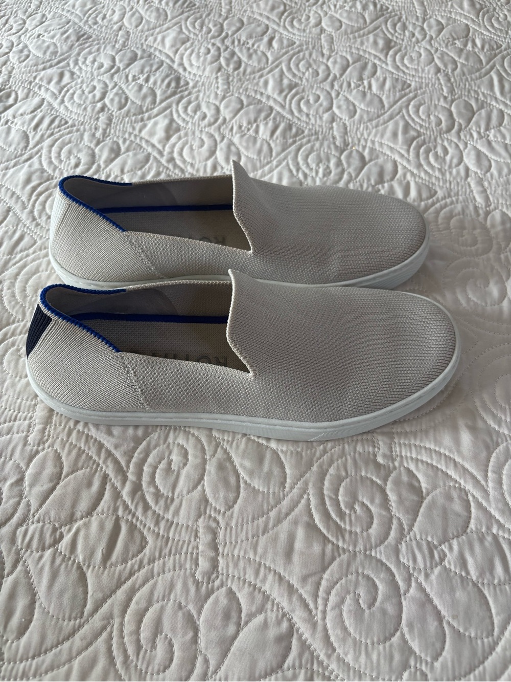Rothy's Women's Slip-On Flats in Linen with Blue Trim